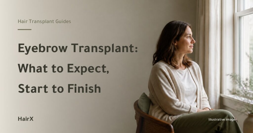 Illustrative image: a woman seated by a bright window in profile — eyebrow transplant guide