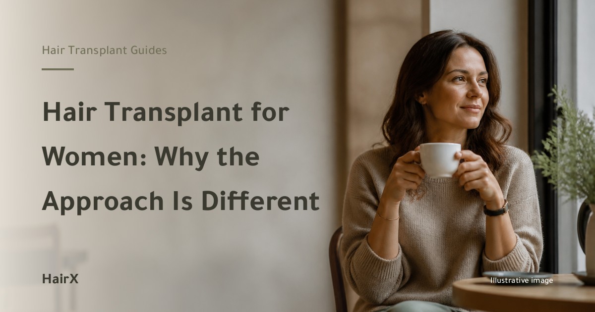 Illustrative image: a woman with a cup by a bright café window — hair transplant for women