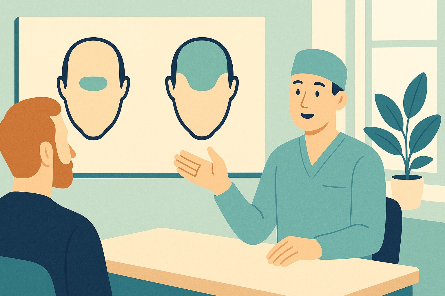 Illustration of a surgeon comparing the coverage of 2,000 vs 3,000 hair grafts on two head silhouettes