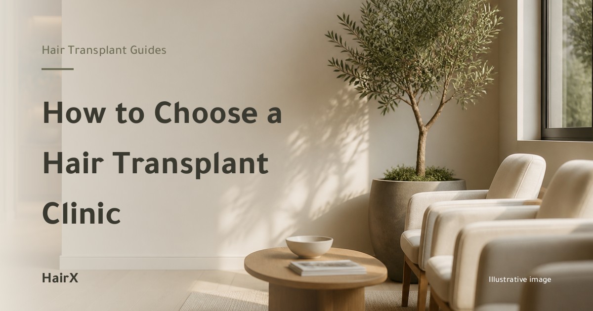 Illustrative image: a calm empty clinic waiting area in warm daylight — how to choose a hair transplant clinic