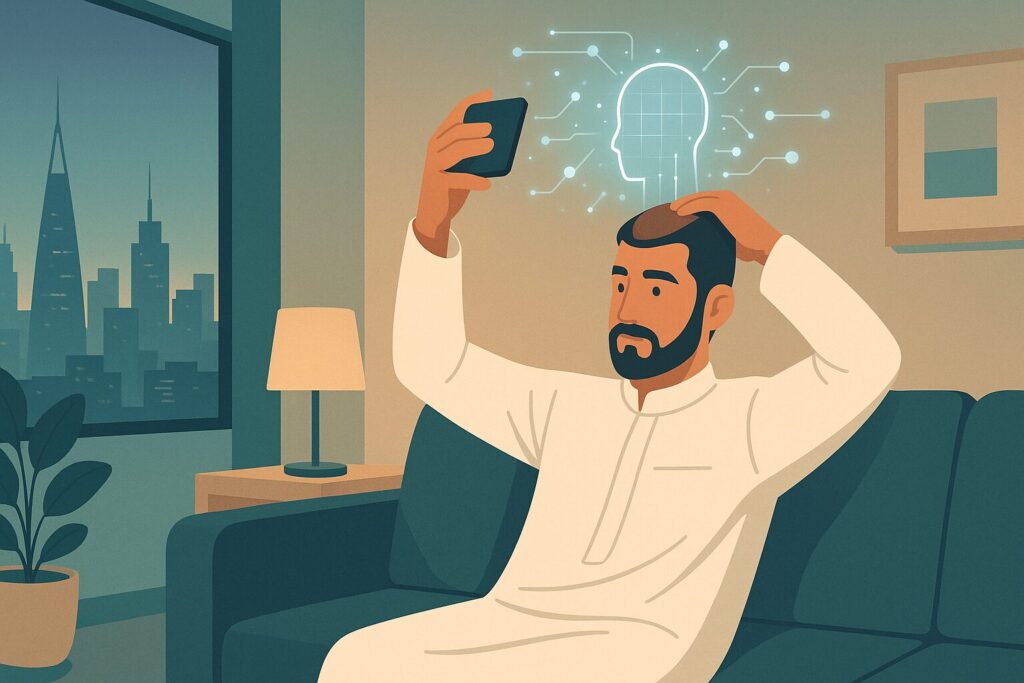 رسم توضيحي لرجل سعودي يصوّر رأسه بالهاتف لتقدير عدد البصيلات عبر حاسبة البصيلات بالذكاء الاصطناعي