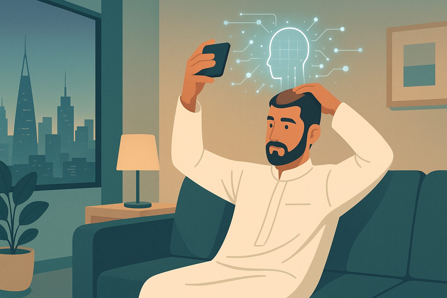 رسم توضيحي لرجل سعودي يصوّر رأسه بالهاتف لتقدير عدد البصيلات عبر حاسبة البصيلات بالذكاء الاصطناعي