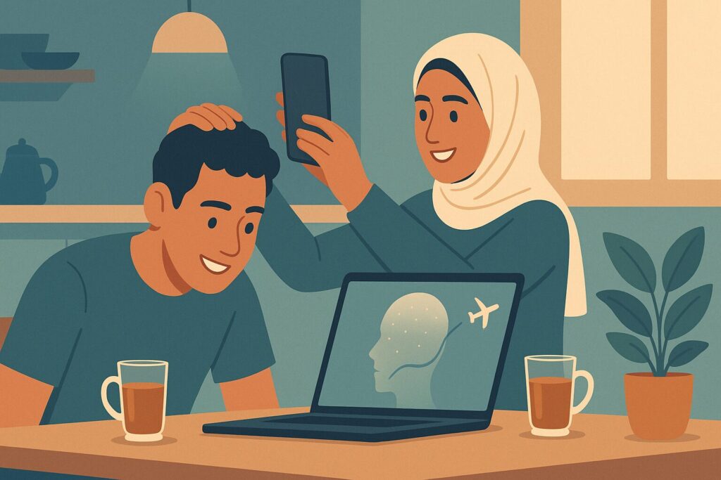 رسم توضيحي لشاب وأخته يصوّران فروة الرأس بالهاتف لإعداد خطة تحليل الشعر بالذكاء الاصطناعي قبل السفر