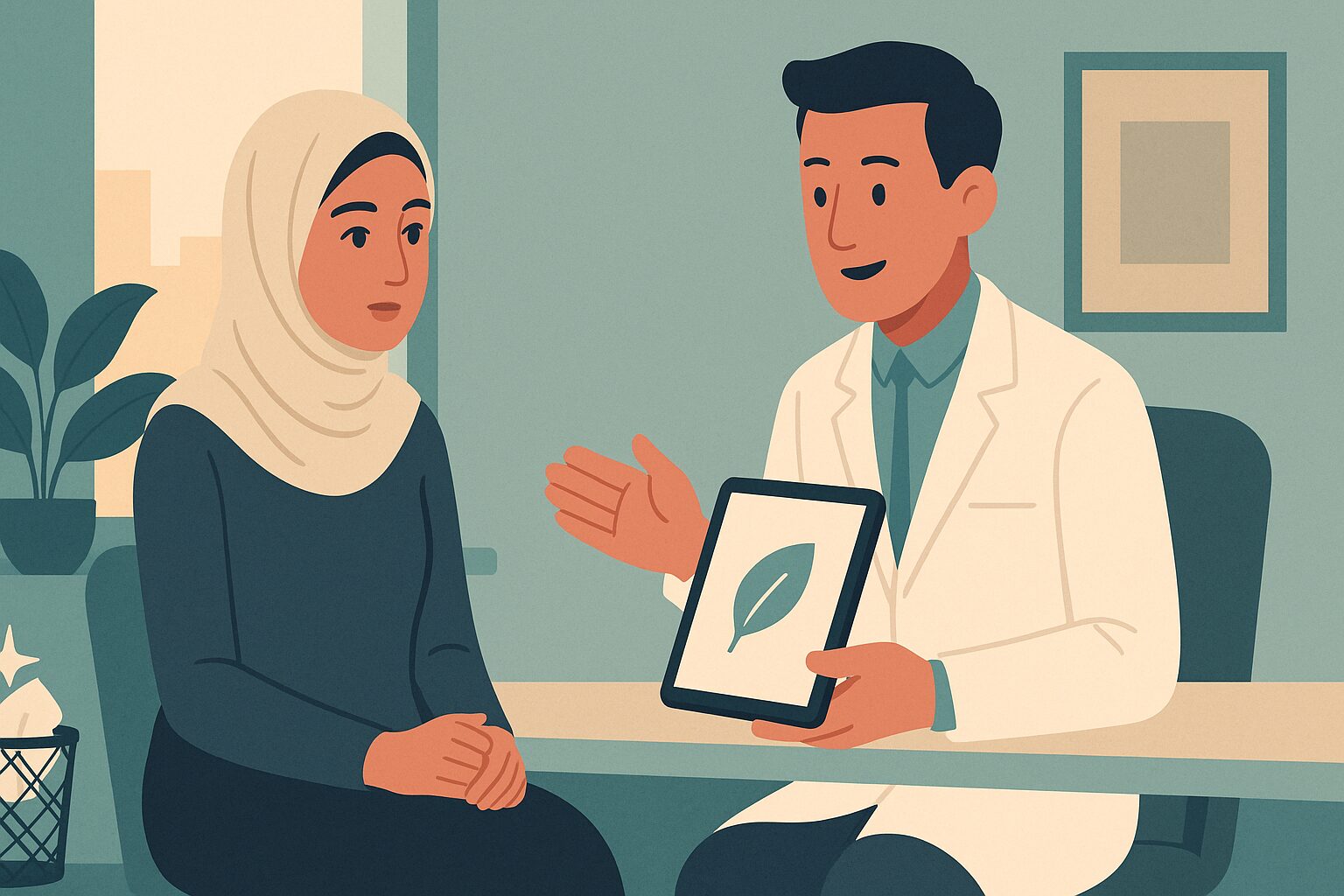 رسم توضيحي لطبيب يشرح لمريضة علاج الثعلبة بالأدلة العلمية بعيداً عن وعود الثلاثة أيام