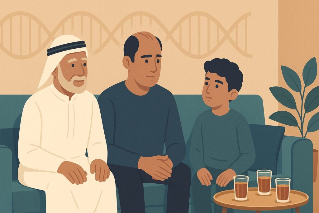 رسم توضيحي لثلاثة أجيال من الرجال يوضح انتقال الصلع الوراثي في العائلة