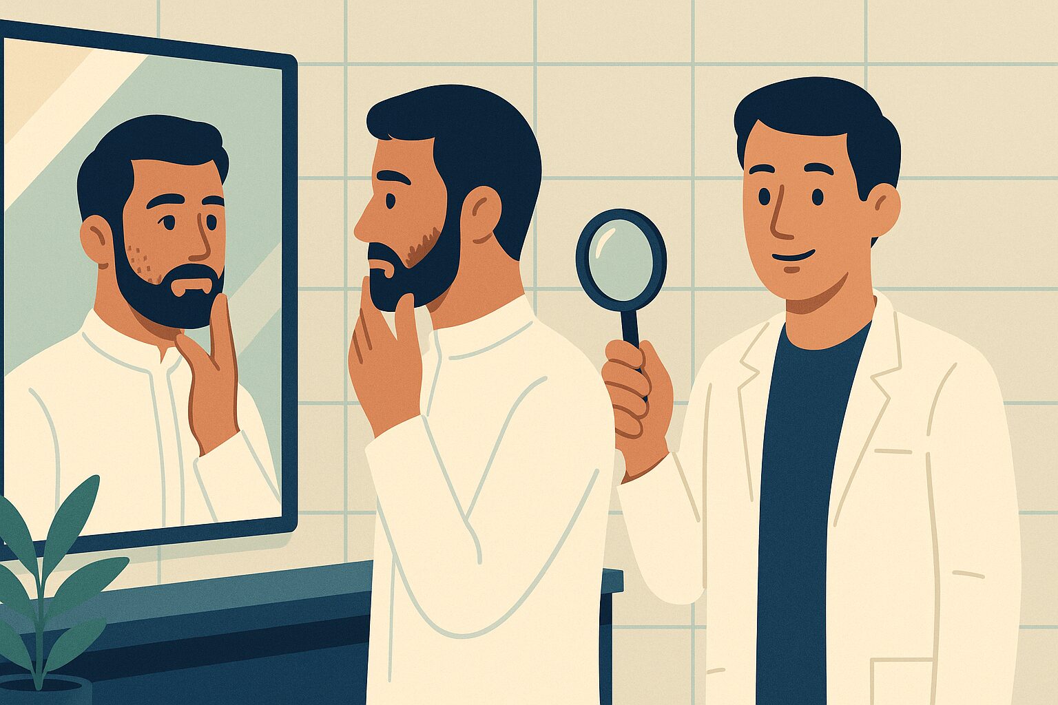 رسم توضيحي لرجل خليجي يفحص لحيته مع طبيب جلدية لتمييز ثعلبة الذقن عن فراغات اللحية العادية