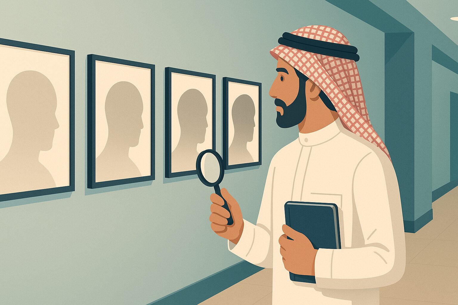 رسم توضيحي لرجل يقارن إطارات صور متتالية ليتعلم كيف يقرأ صور نتائج زراعة الشعر قبل وبعد