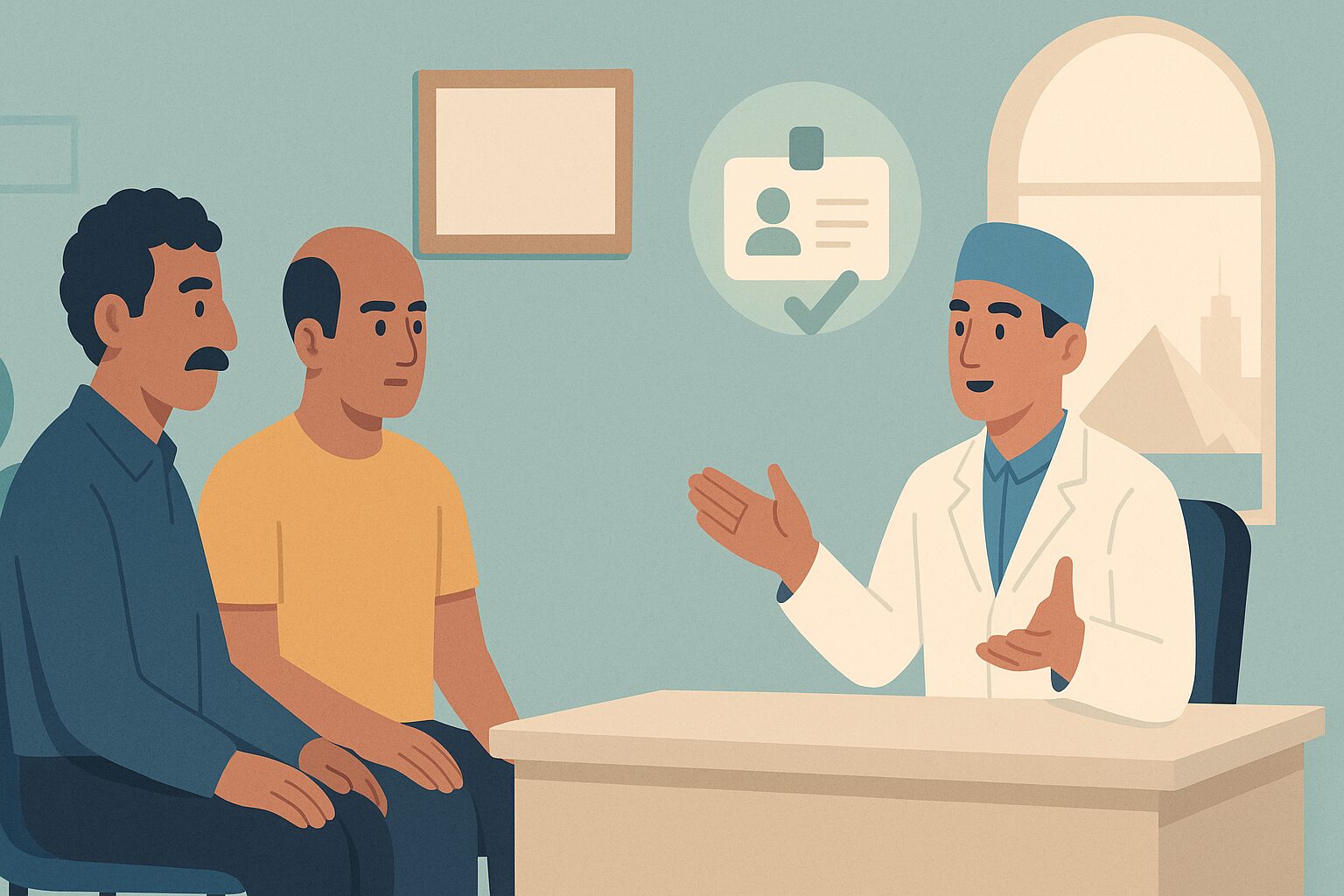 رسم توضيحي لمريض ووالده يتحققان من ترخيص طبيب زراعة الشعر في مصر قبل الحجز