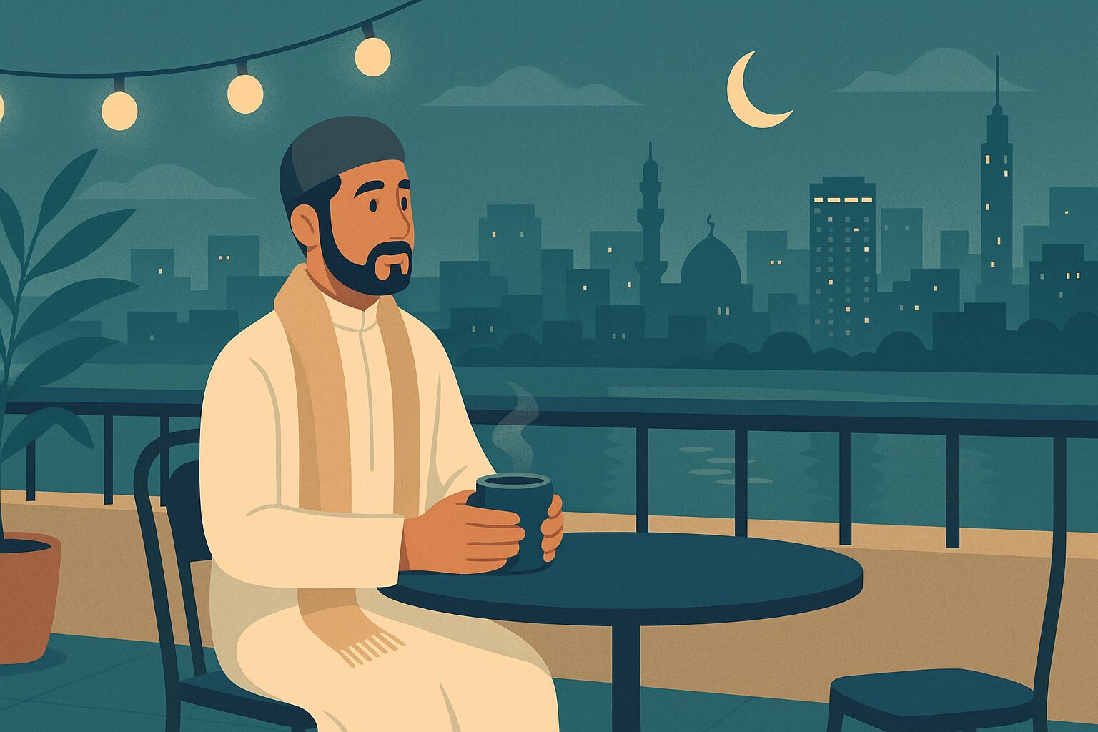 رسم توضيحي لرجل سعودي على سطح مقهى بالقاهرة في أمسية شتوية معتدلة وهو أفضل وقت لزراعة الشعر في مصر