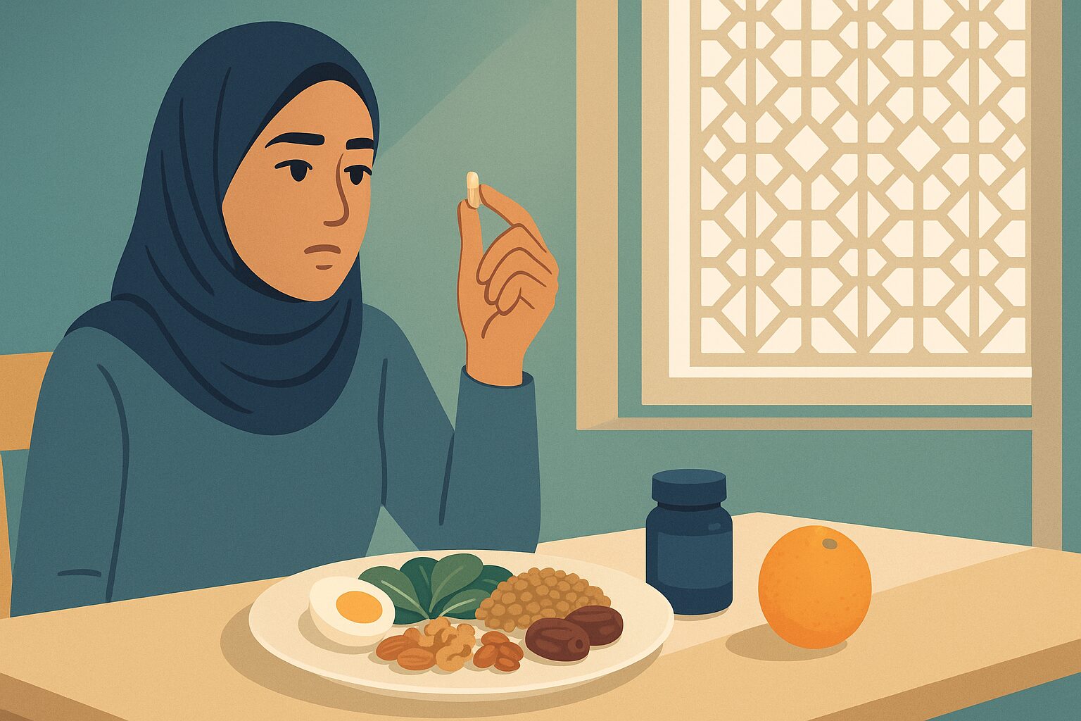 رسم توضيحي لفتاة تتأمل كبسولة فيتامين أمام طبق غذاء متوازن في مقال أفضل فيتامين لتساقط الشعر