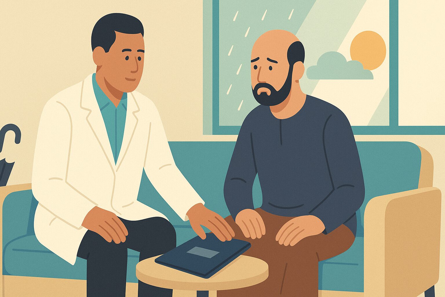 رسم توضيحي لجراح يطمئن مريضاً قلقاً بشأن مضاعفات زراعة الشعر في الخارج