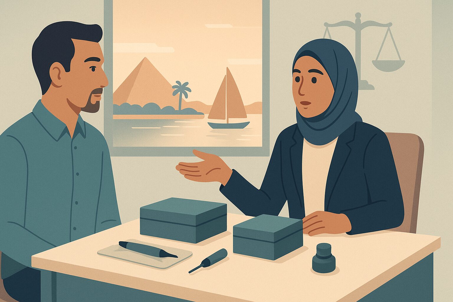 رسم توضيحي لمريض ومستشارة عيادة يقارنان بين تكلفة تقنية DHI وتقنية FUE لزراعة الشعر في مصر