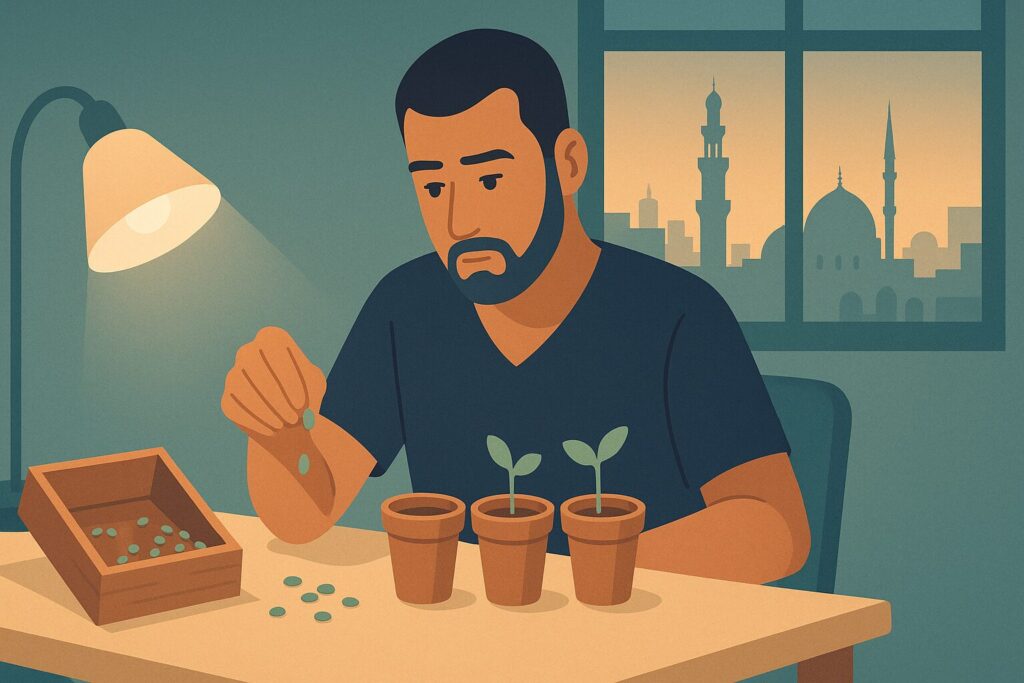 رسم توضيحي لرجل يوزع البذور من صندوق واحد محدود رمزاً للمنطقة المانحة في زراعة الشعر