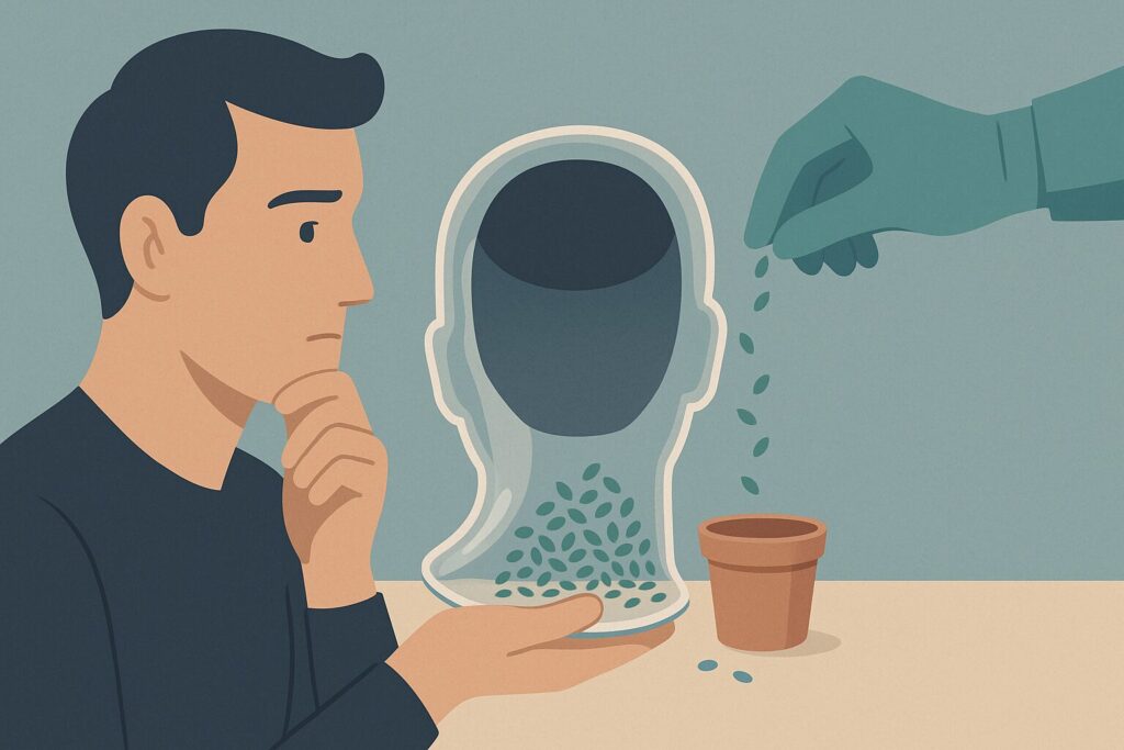 Illustration of a head-shaped glass piggy bank of seeds, a metaphor for the limited hair transplant donor area