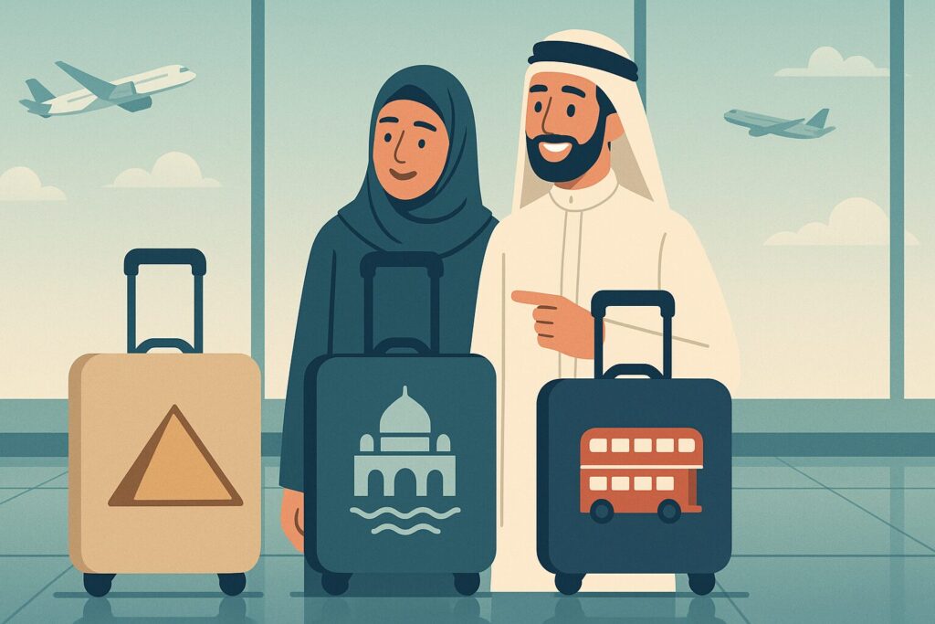 رسم توضيحي لزوجين عربيين يختاران بين ثلاث حقائب سفر ترمز لزراعة الشعر في مصر أو تركيا أو بريطانيا
