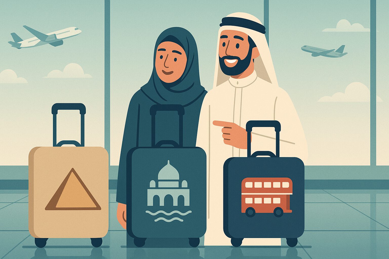 رسم توضيحي لزوجين عربيين يختاران بين ثلاث حقائب سفر ترمز لزراعة الشعر في مصر أو تركيا أو بريطانيا