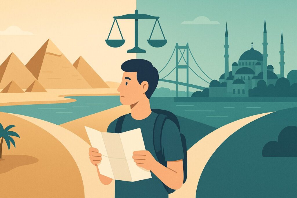 Illustration of a traveller choosing between Egypt and Turkey for a hair transplant, pyramids on one side and the Bosphorus on the other