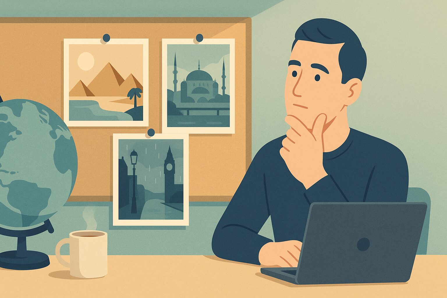 Illustration of a man comparing hair transplant destinations Egypt, Turkey and the UK using postcards and a globe