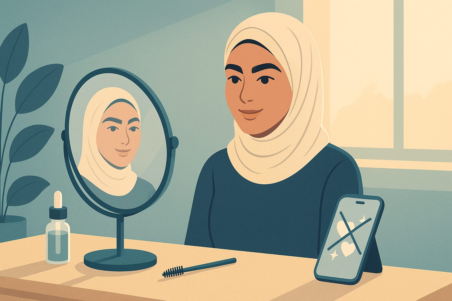 رسم توضيحي لفتاة أمام المرآة بحواجب كثيفة طبيعية توضح ما ينفع فعلاً في تكثيف الحواجب