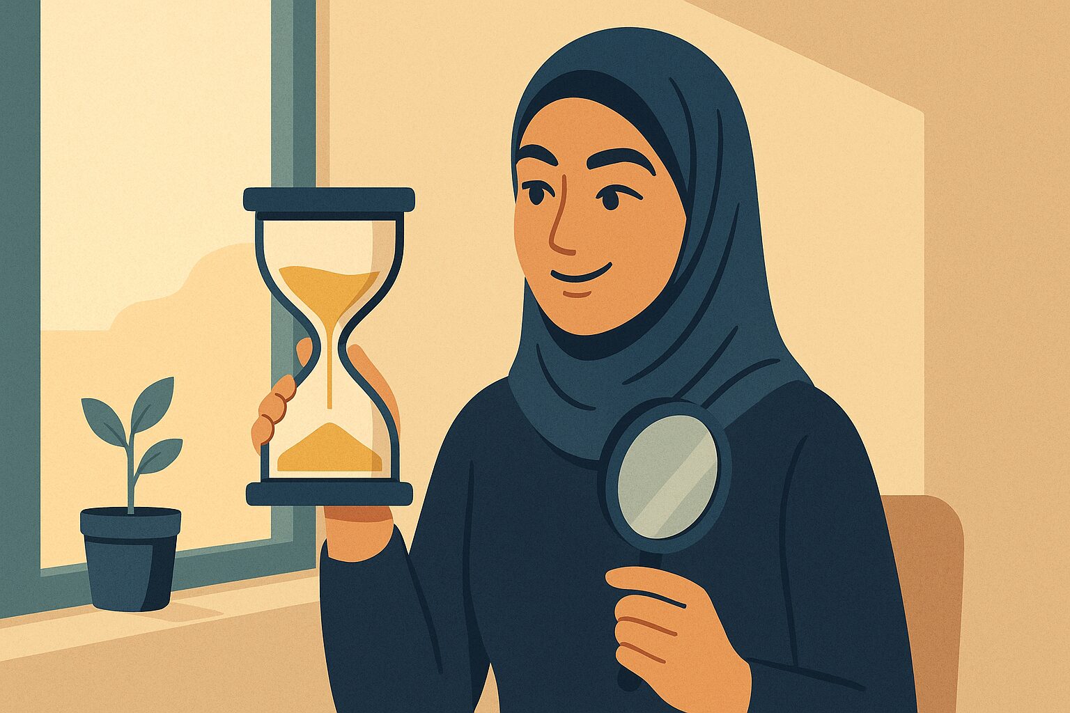 رسم توضيحي لفتاة تحمل ساعة رملية ومرآة في مقال عن تكثيف الحواجب في يوم أو أسبوع وما الممكن فعلاً