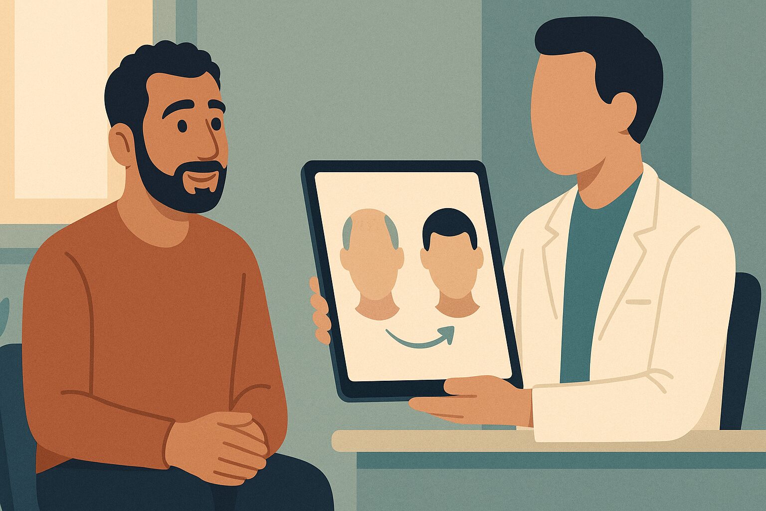 رسم توضيحي لأخصائي يشرح لمريض علامات فشل زراعة الشعر وكيف يمكن تصحيحها