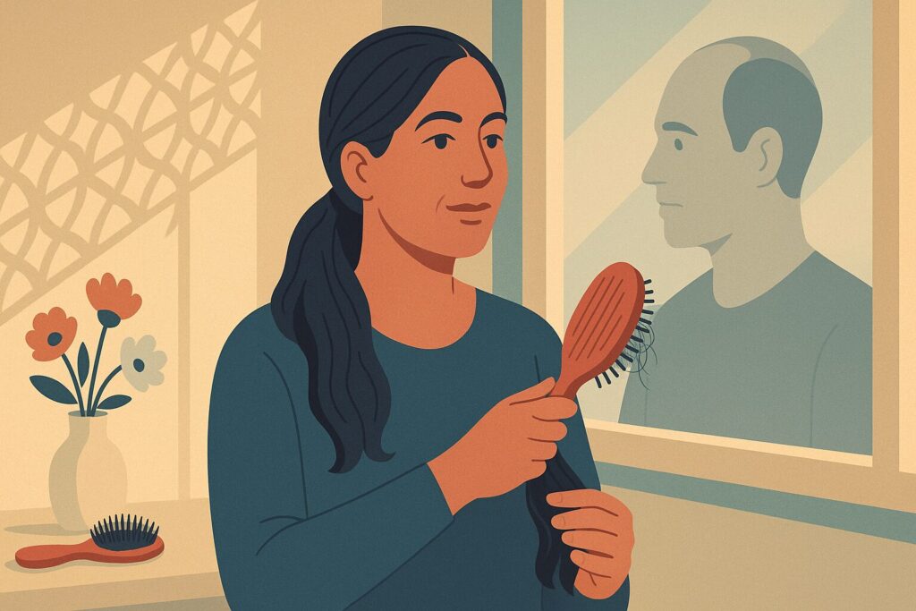 رسم توضيحي لسيدة مصرية تمشط شعرها بثقة في مقال عن الصلع الوراثي عند النساء والفرق عن الرجال
