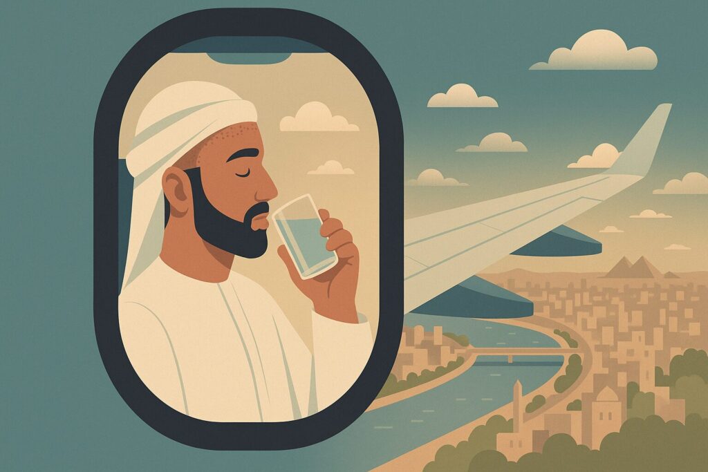 رسم توضيحي لمسافر إماراتي يجلس بهدوء في الطائرة فوق القاهرة بعد زراعة الشعر