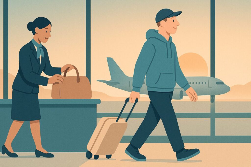 Illustration of a traveller in a loose cap towing a light carry-on at the airport, showing safe flying after a hair transplant