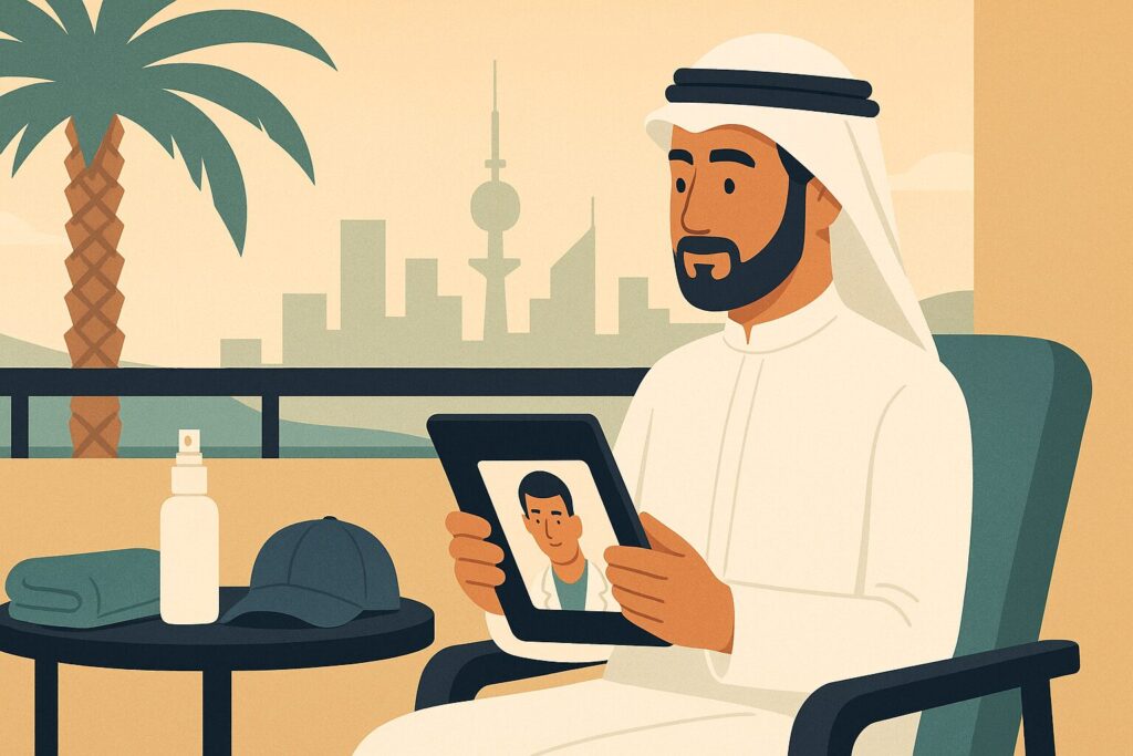رسم توضيحي لرجل كويتي على شرفة منزله يتابع مع طبيبه عبر الجهاز اللوحي بعد زراعة الشعر في الخارج