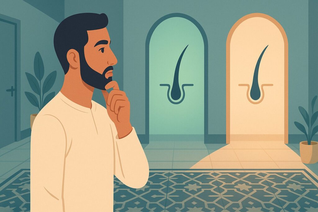 رسم توضيحي لشاب عربي يختار بين بابين يمثلان تقنيتي FUE و DHI لزراعة الشعر