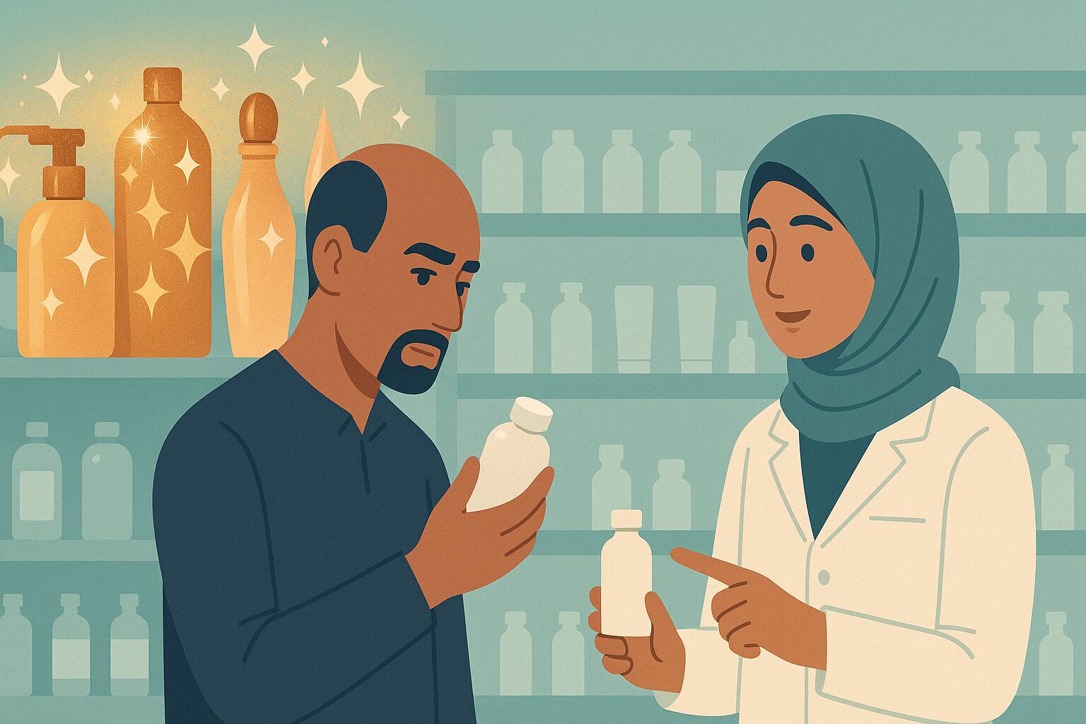 رسم توضيحي لرجل وصيدلانية يفرّقان بين علاج تساقط الشعر المفيد فعلاً ومنتجات التسويق اللامعة