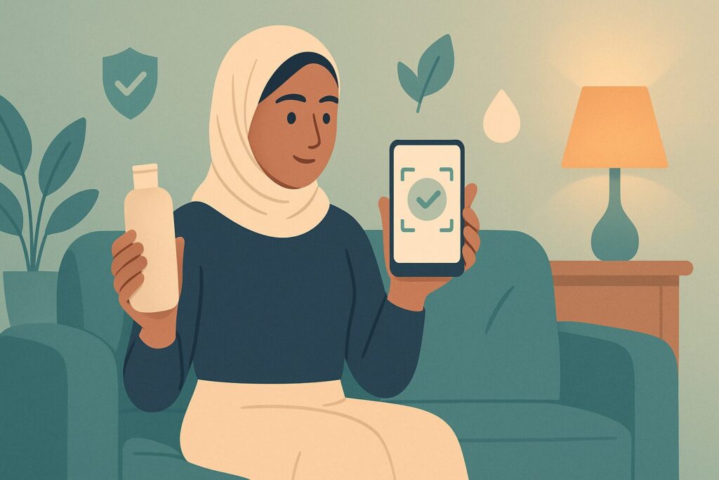 رسم توضيحي لفتاة تفحص منتج شعر بهاتفها باستخدام أداة فاحص منتجات الشعر لمعرفة هل يناسب حالتها