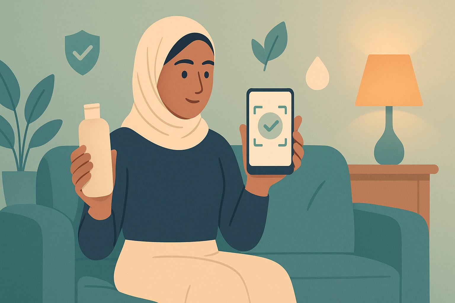 رسم توضيحي لفتاة تفحص منتج شعر بهاتفها باستخدام أداة فاحص منتجات الشعر لمعرفة هل يناسب حالتها