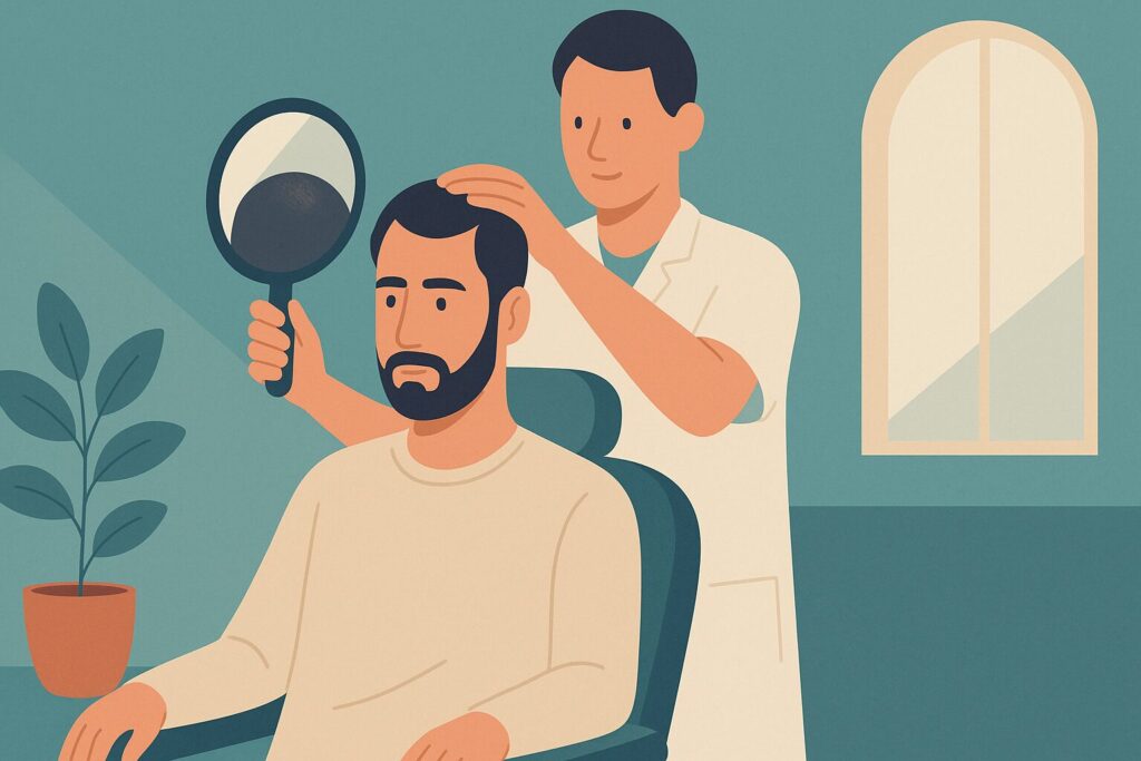 رسم توضيحي لأخصائي يُري مريضاً فراغات الشعر في منطقة التاج ليحدد هل تحتاج علاجاً أم زراعة