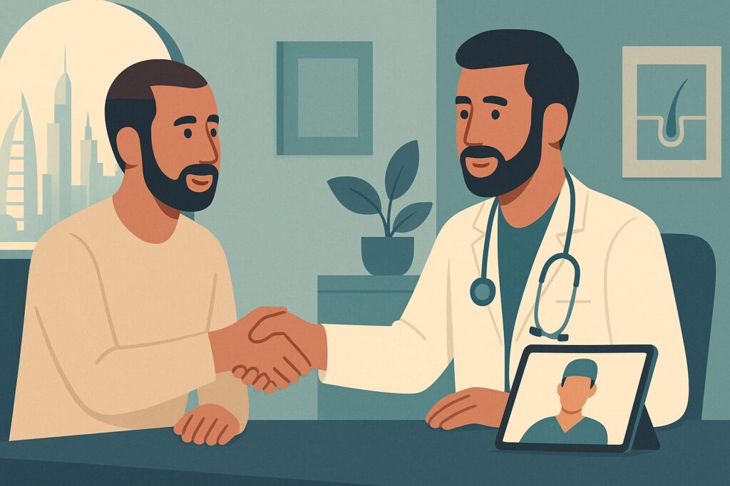 رسم توضيحي لمريض عربي مع طبيب محلي وجراحه عبر مكالمة فيديو للمتابعة بعد زراعة الشعر في الخارج