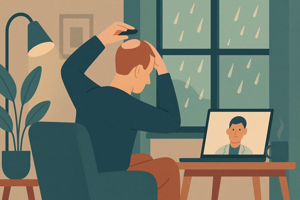 Illustration of a UK patient photographing his scalp at home for a video follow-up after a hair transplant abroad