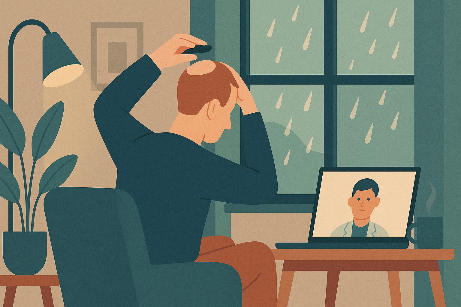 Illustration of a UK patient photographing his scalp at home for a video follow-up after a hair transplant abroad