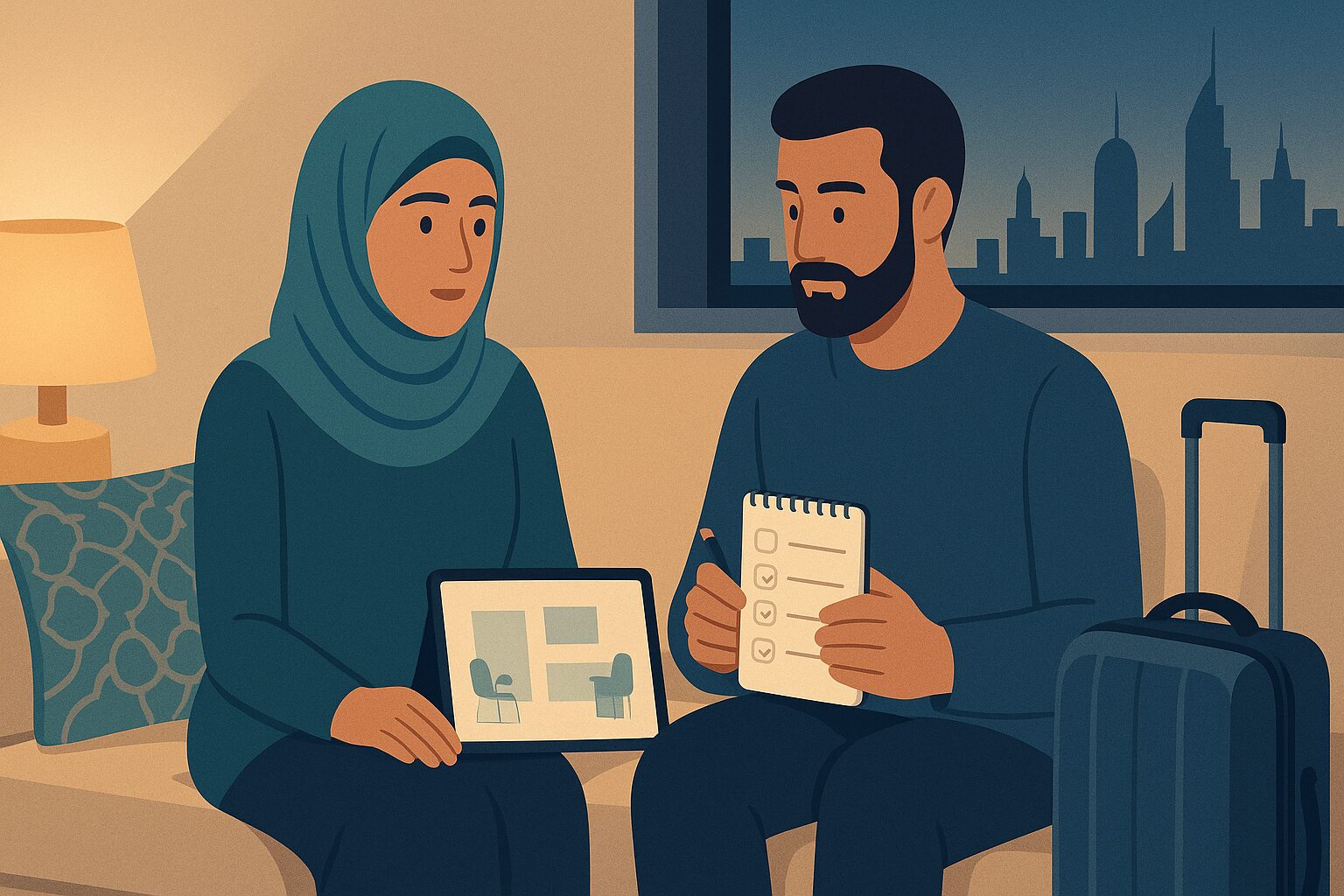 رسم توضيحي لزوجين عربيين يراجعان قائمة أسئلة قبل السفر لزراعة الشعر بالخارج