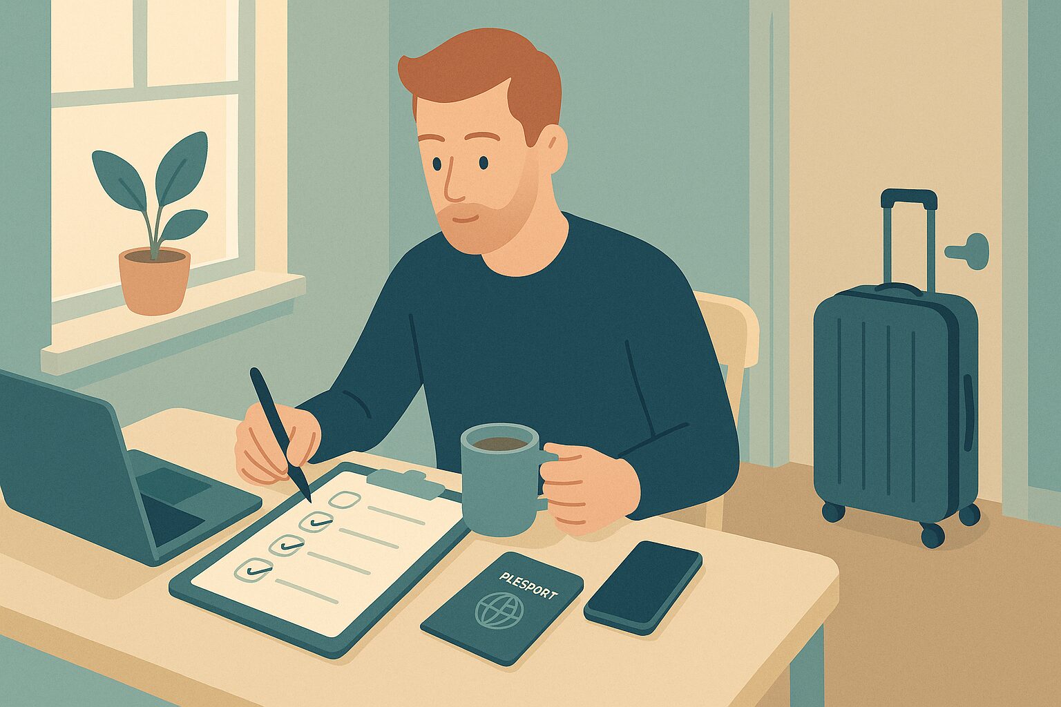 Illustration of a man at home working through a checklist before travelling abroad for a hair transplant, suitcase by the door