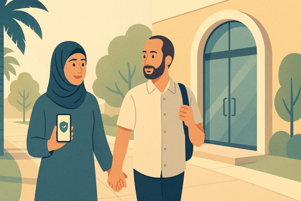 رسم توضيحي لزوجين عربيين يسيران نحو عيادة حديثة في القاهرة الجديدة لزراعة الشعر في الخارج بأمان