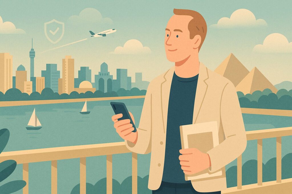 Illustration of a relaxed UK patient on a Cairo hotel balcony, showing that a hair transplant abroad can be safe