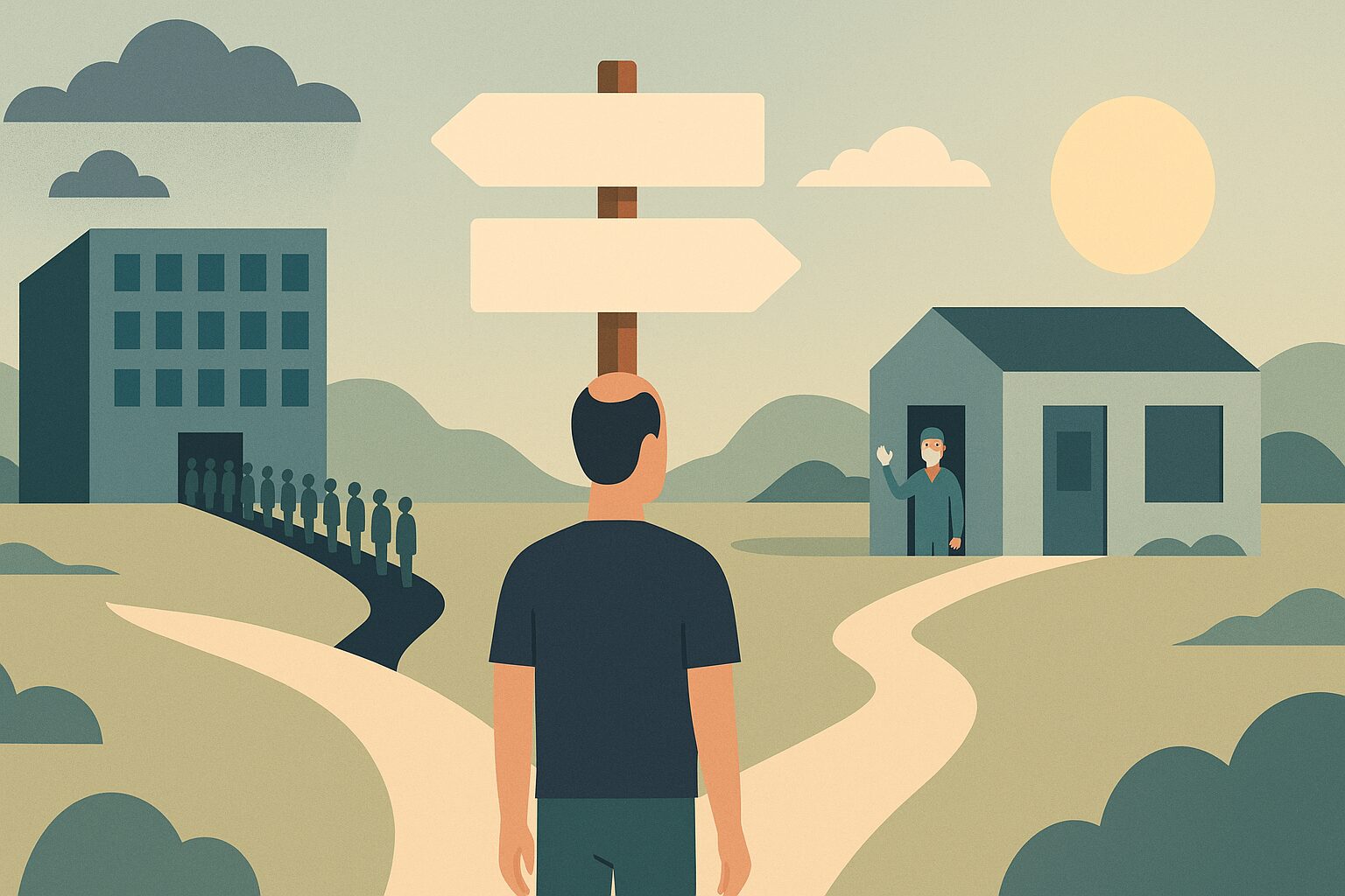 Illustration of a patient choosing between a crowded high-volume clinic and a calm surgeon-led clinic, showing what goes wrong with hair transplants abroad