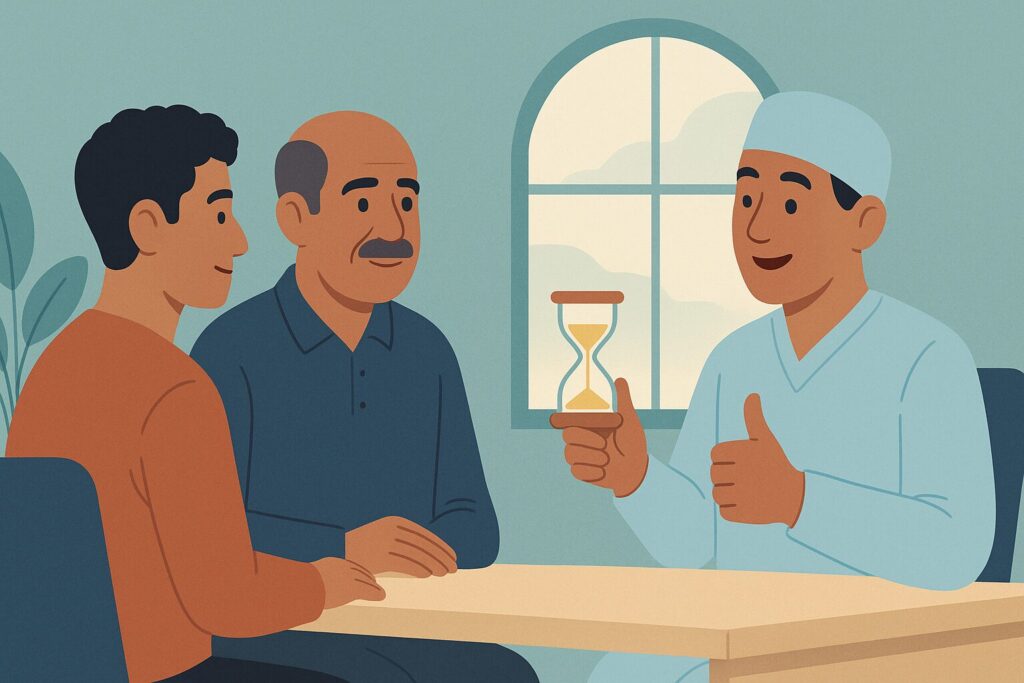 رسم توضيحي لجراح يحمل ساعة رملية أمام أب وابنه ليوضح أن العمر أهم من درجة الصلع في الترشح لزراعة الشعر