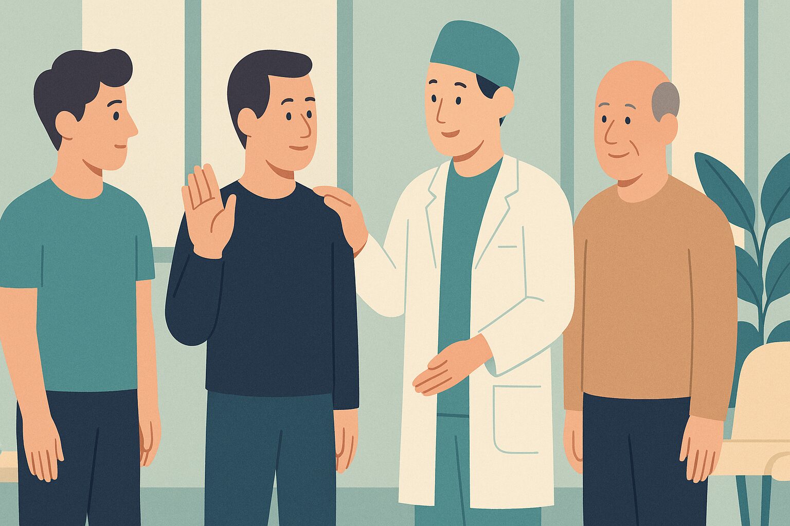 Illustration of a surgeon advising men of different ages, showing that age matters more than baldness for hair transplant candidacy