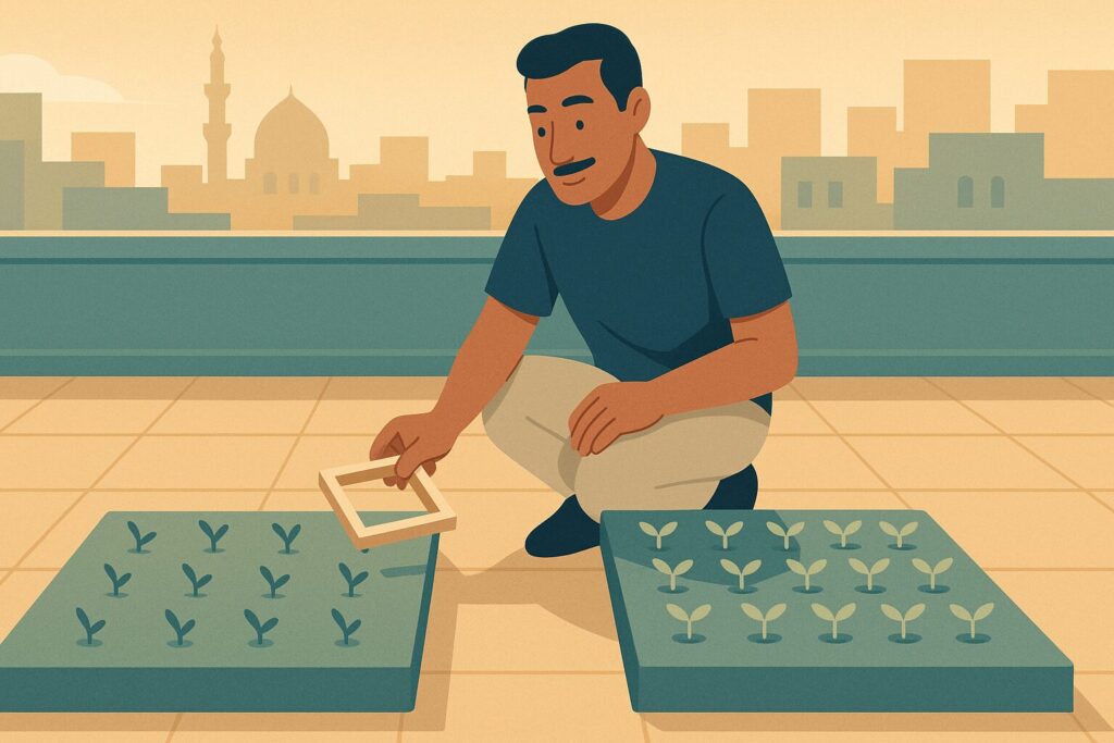 رسم توضيحي لرجل يقيس كثافة الشتلات في مربعين رمزاً لكثافة زراعة الشعر بالبصيلة في السنتيمتر المربع