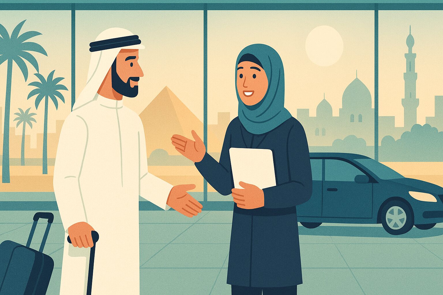 رسم توضيحي لمريض خليجي تستقبله منسقة العيادة في مطار القاهرة لزراعة الشعر في مصر