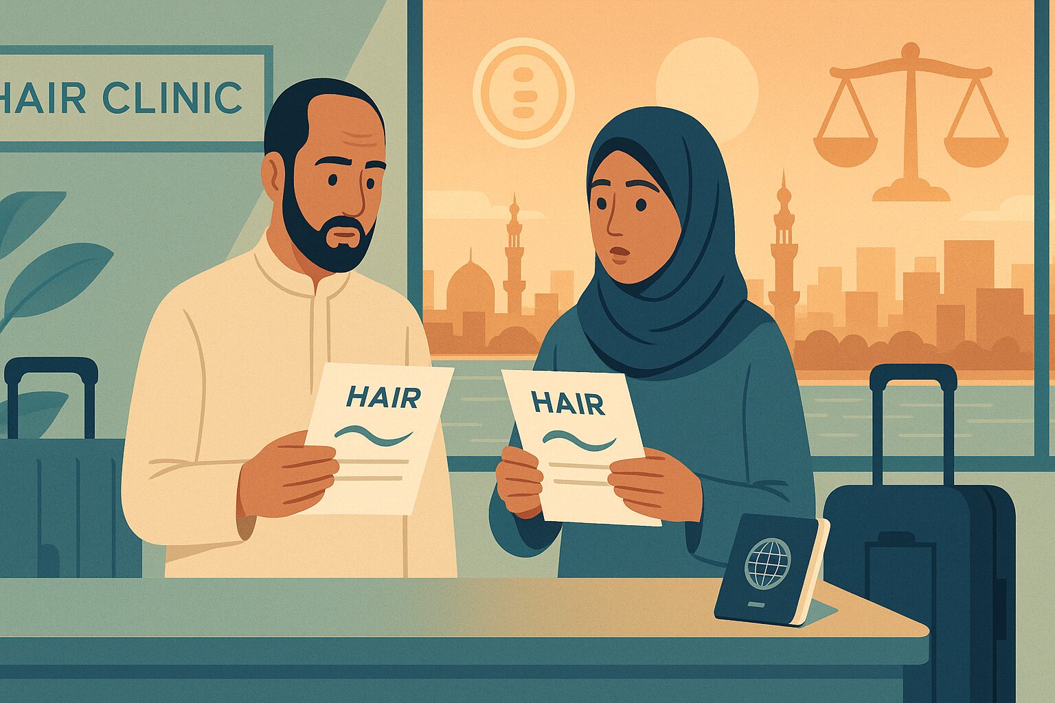 رسم توضيحي لمريض قادم من الخارج يقارن عروض تكلفة زراعة الشعر في مصر داخل عيادة مع إطلالة على القاهرة