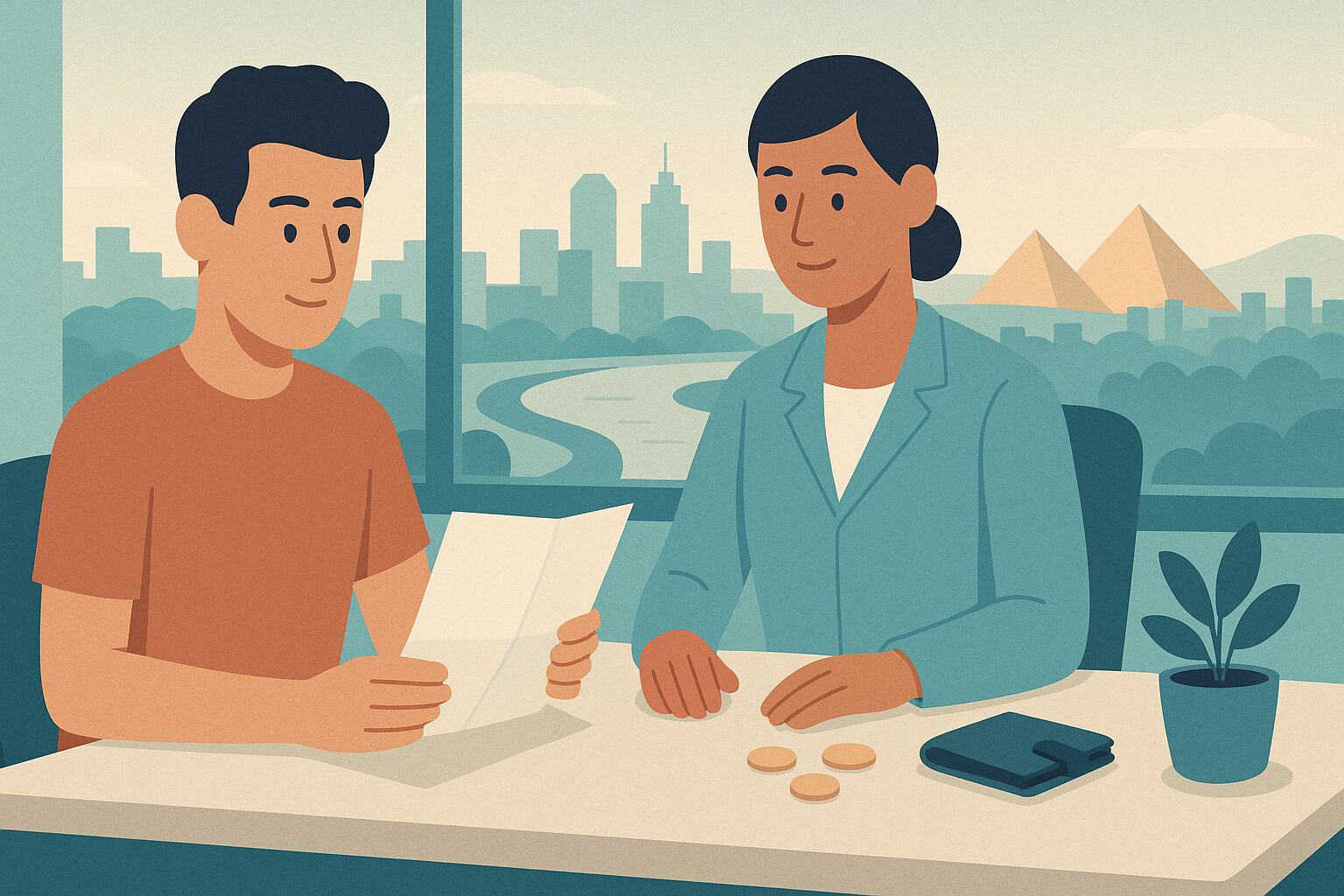 Illustration of a patient reviewing a hair transplant cost quote in Egypt with a clinic advisor, Cairo skyline in the window