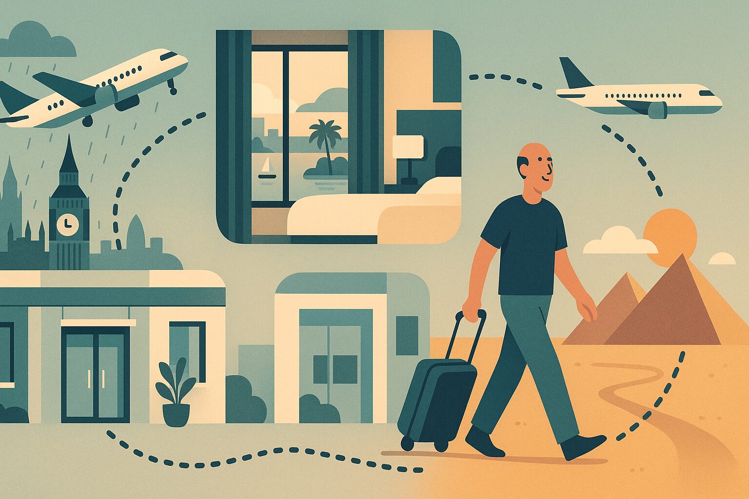 Illustration of a hair transplant trip from the UK to Cairo day by day: flight, hotel, clinic, pyramids and return home