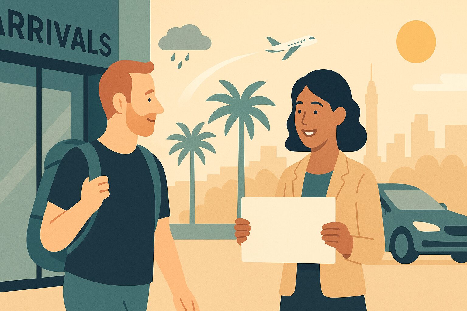 Illustration of a UK patient arriving in Cairo for a hair transplant, welcomed by a clinic coordinator